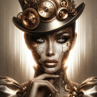 The primary subject of the image is a woman wearing a top hat and a gold necklace. She is wearing a gold dress and has a clock on her head. The setting is a futuristic environment, with a clock on her head and a gold dress. The visual style is digital art, with the woman's face and the clock on her head being the main focus of the image. The colors and mood are gold and futuristic, creating an elegant and unique look.
